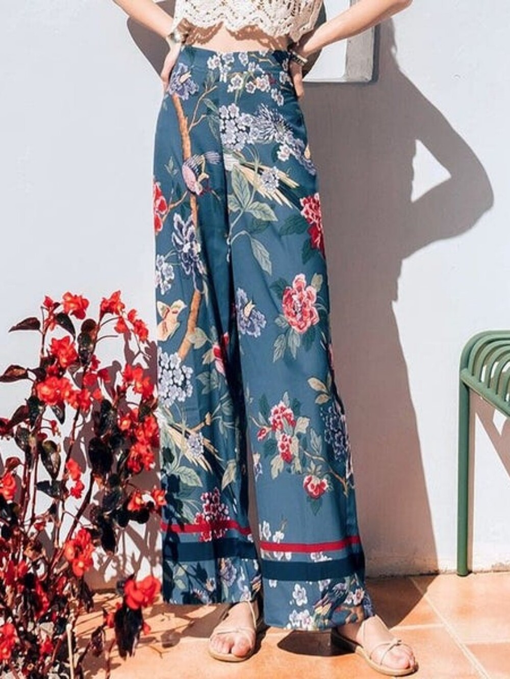 H&M x GP&J Baker Women's Dusky Blue Floral Bird Print Wide Leg Boho Pants Sz 10